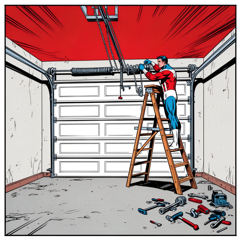 Comic book panel of SuperGarageman fixing a broken garage door spring