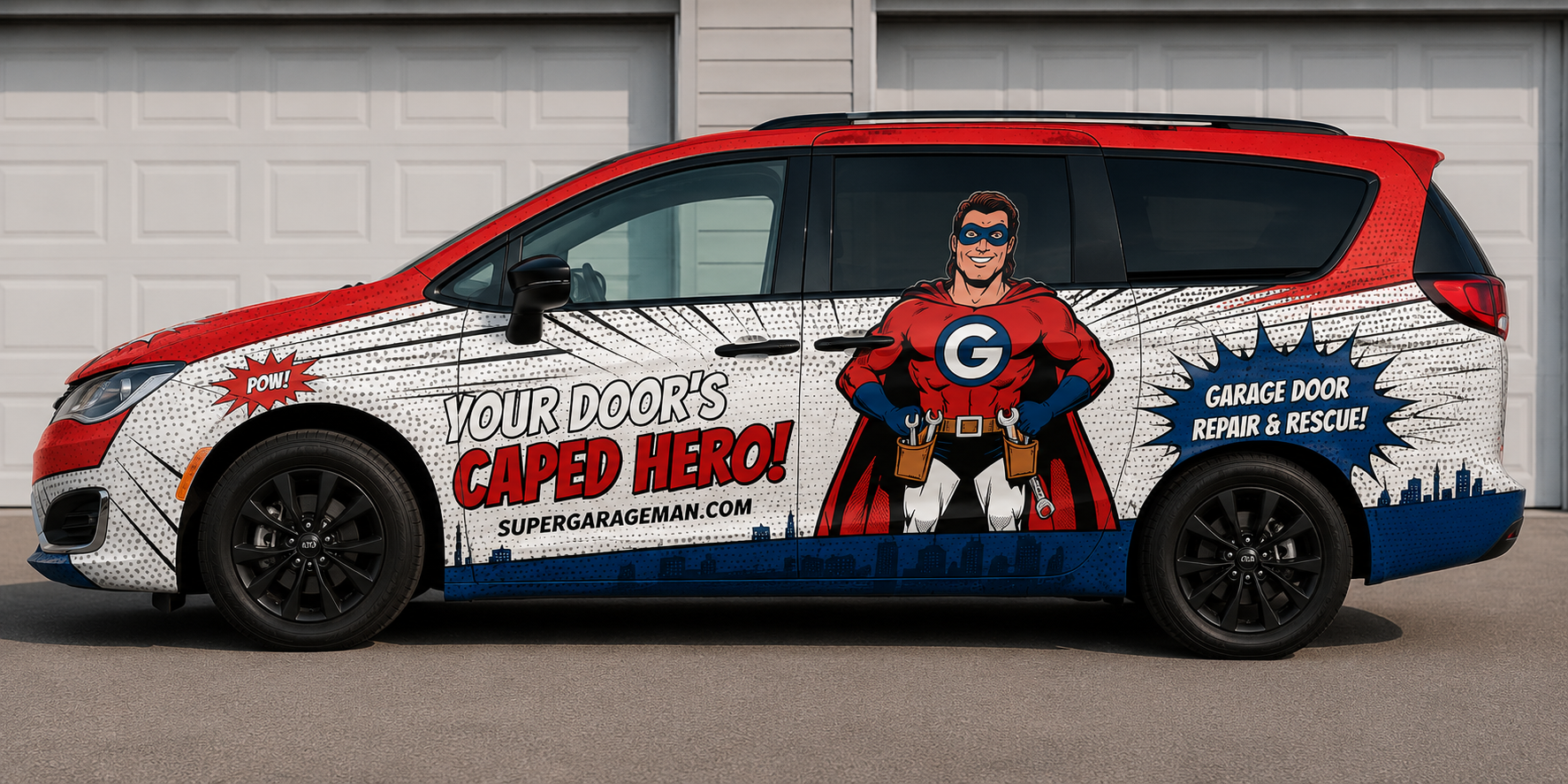 SuperGarageman comic-wrapped service van with caped hero graphic and supergarageman.com branding